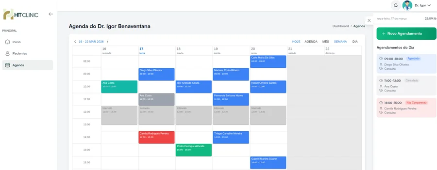 Agenda semanal de 16 a 22 de março no Hit Clinic, com consultas de pacientes fictícios, intervalos de almoço e, ao lado, os agendamentos do dia com os status Agendado, Cancelado e Não Compareceu