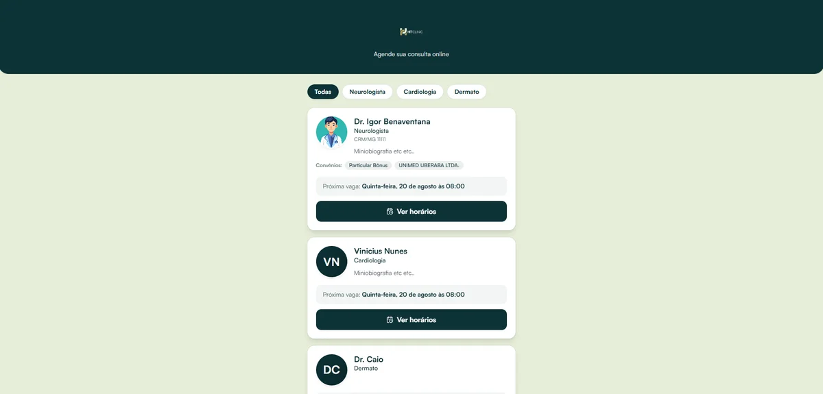 Screenshot do Agendamento Online — Hit Clinic
