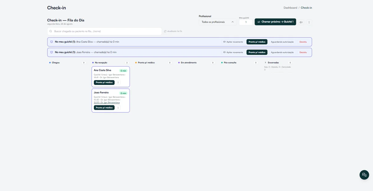 Screenshot do Check-in de Pacientes — Hit Clinic