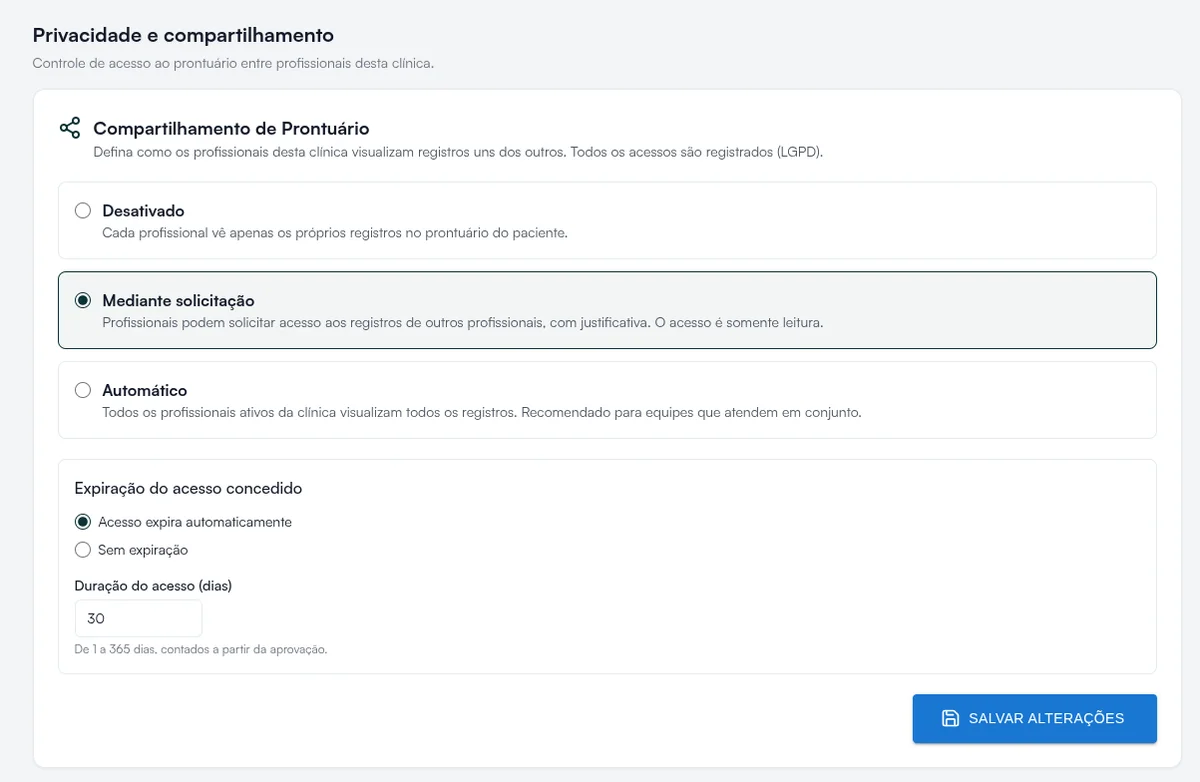Screenshot do Compartilhar Prontuário — Hit Clinic