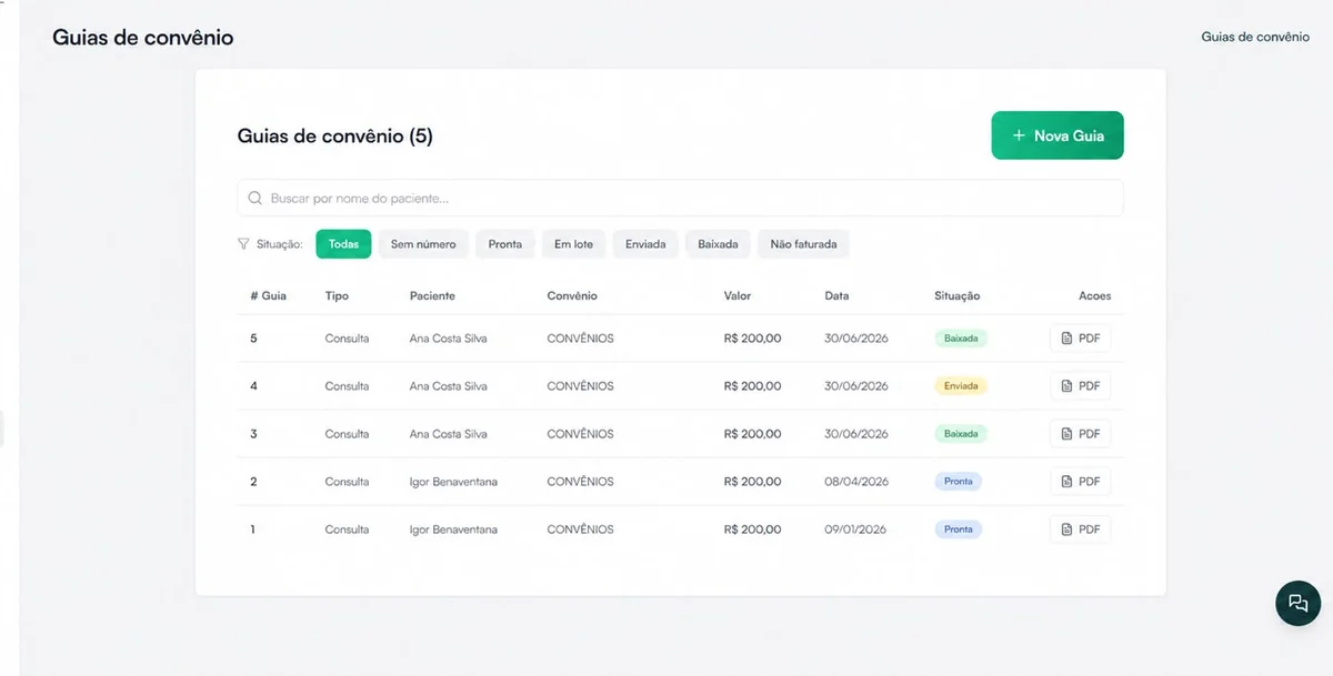 Screenshot do Convênios e TISS — Hit Clinic