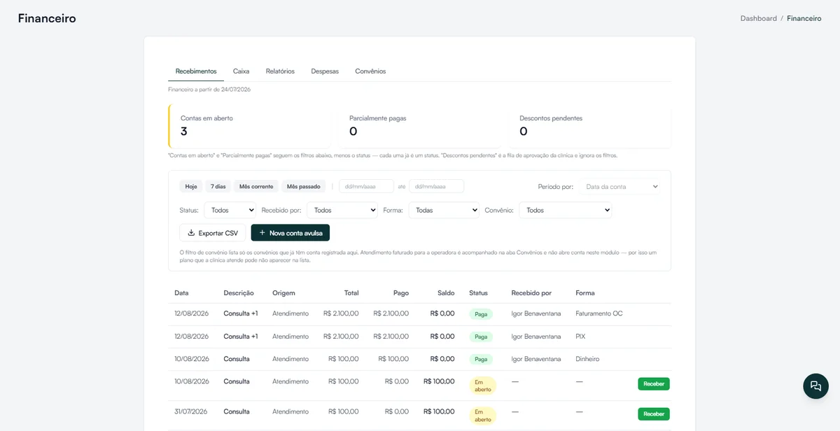 Screenshot do Financeiro — Hit Clinic